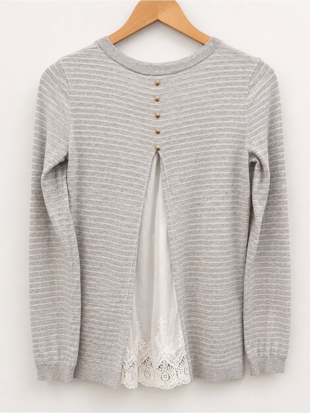 Boden Gray Stripe Split Back Lace Sweater Small Open Back Knit Top - Picture 2 of 7